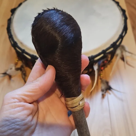 Rustic Brown Drum with Feather Details - Picture 4 of 5